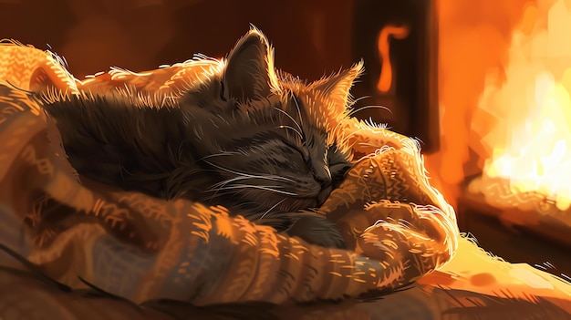 Eine süße Katze schläft tief auf einer weichen Decke vor einem gemütlichen Kamin. Das warme Feuerlicht wirft einen friedlichen Glanz über die Szene.