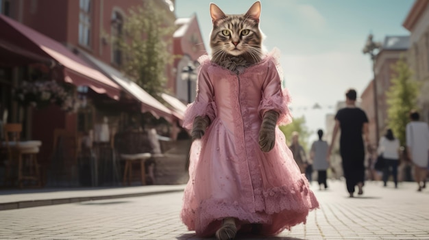 Eine süße Katze stolziert in einem stylischen rosa Kleid die Straße entlang