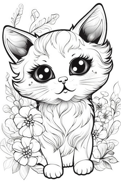 Eine süße Kawaii-Katze zum Ausmalen mit blumigem Hintergrund. Generative KI