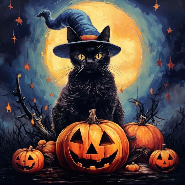 Eine süße schwarze Katze mit Hexenhut auf dunklem Hintergrund Halloween-Konzept