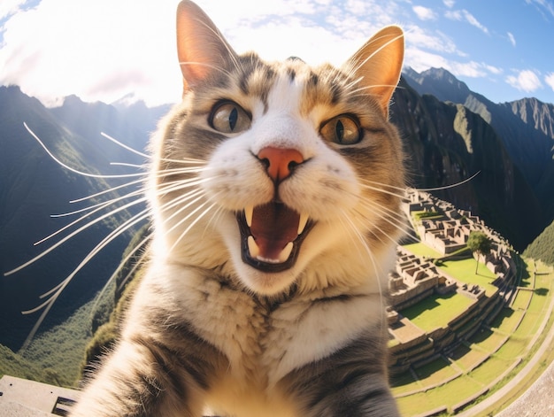 Eine süße und glückliche Katze lächelt, während sie ein Selfie vor Machu Picchu macht