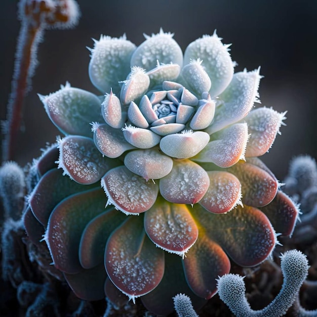 Eine Sukkulente mit einem frostigen Blatt darauf