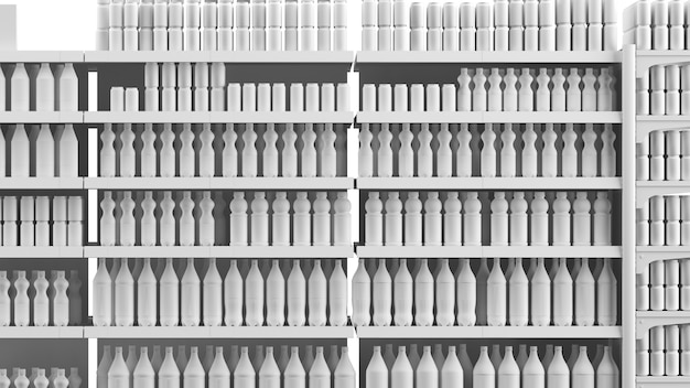 Eine Supermarktvitrine mit Regalen, die vor einem leeren Hintergrund in einer Reihe angeordnet sind. Regale mit Produkten, eine Vorlage für das Modell, ein 3D-Rendering.