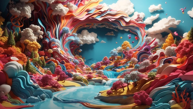eine surreale 3D-Landschaft mit lebhaften, wirbelnden Farbstrichern, die eine traumhafte Atmosphäre hervorrufen