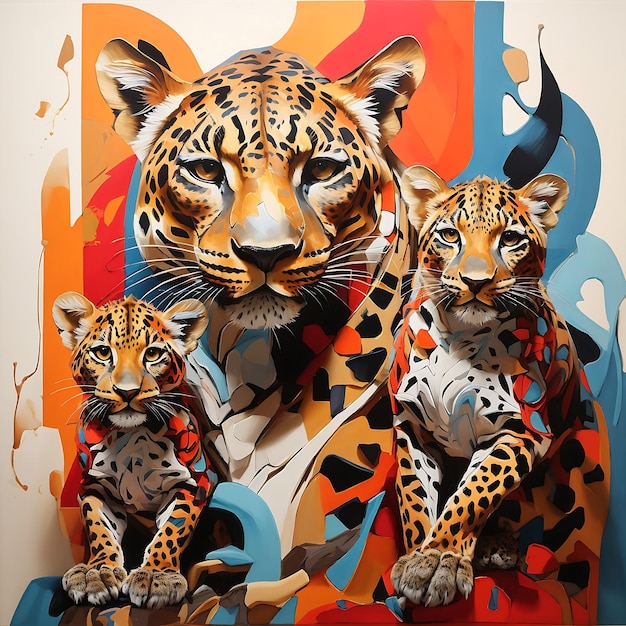 Eine surreale abstrakte Darstellung einer Leopardin und ihrer beiden Jungen mit kräftigen Farben von Ai Generated