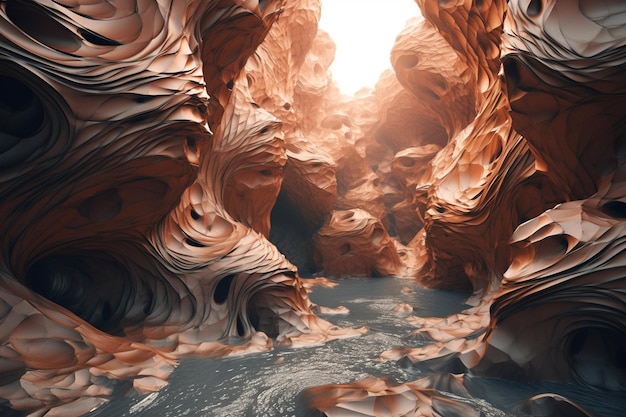 Eine surreale Illustration einer verzerrten oder manipulierten natürlichen Formation wie einem Wasserfall oder einer Höhle