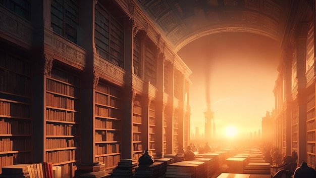 Eine surreale Landschaft einer Bibliothek voller philosophischer Bücher, im Hintergrund die untergehende Sonne