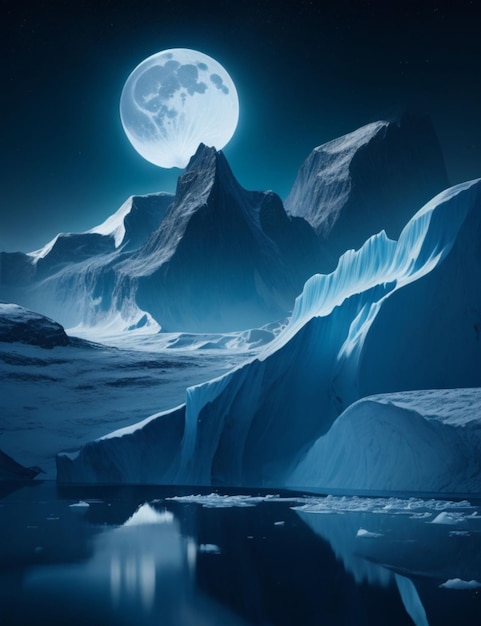 Eine surreale Landschaft eines riesigen Eisbergs, dessen eisige Gipfel und Täler vom reflektierten Mondlicht beleuchtet werden