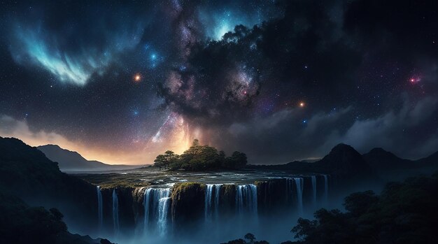 Eine surreale Landschaft mit einem großen Baum, umgeben von einem Galaxienhimmel mit einer dramatischen Atmosphäre aus Wirbeln