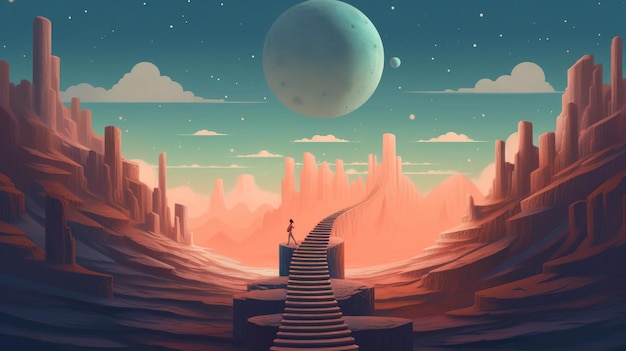 Eine surreale Landschaft mit einer Treppe, die zum Mond führt. Fantasy-Konzept Illustrationsmalerei Generative KI