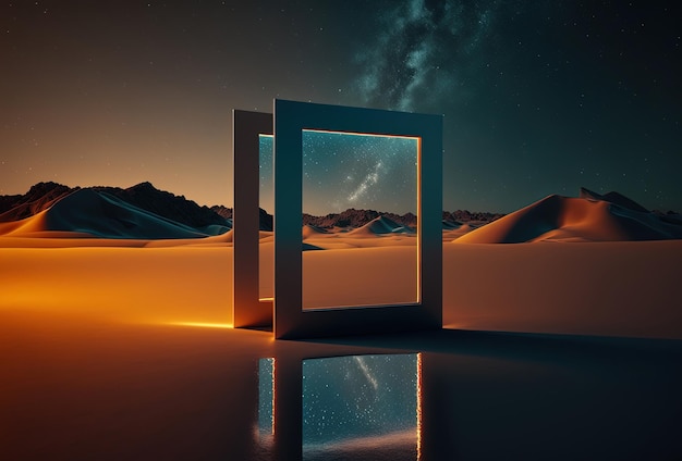 Eine surreale nächtliche Wüstenlandschaft Abstrakte Sanddünen, die sich in einem quadratischen Spiegel widerspiegeln Gelbes Neonlicht Sternenhimmel Ein Tor zu einer Parallelwelt Eine immersive Realität 3D-Rendering AI generiert