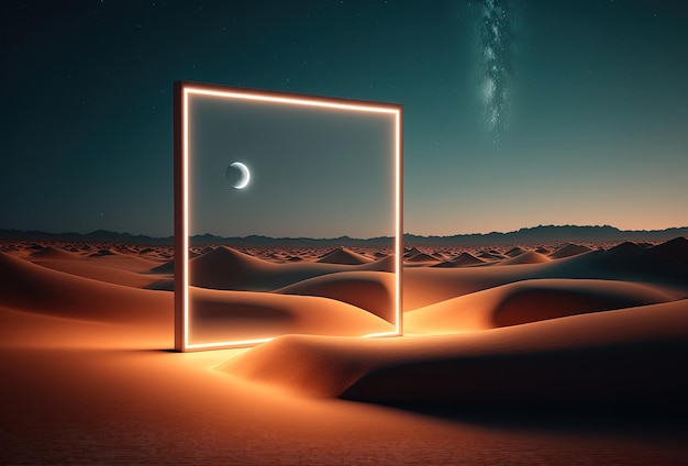 Eine surreale nächtliche Wüstenlandschaft Abstrakte Sanddünen, die sich in einem quadratischen Spiegel widerspiegeln Gelbes Neonlicht Sternenhimmel Ein Tor zu einer Parallelwelt Eine immersive Realität 3D-Rendering AI generiert