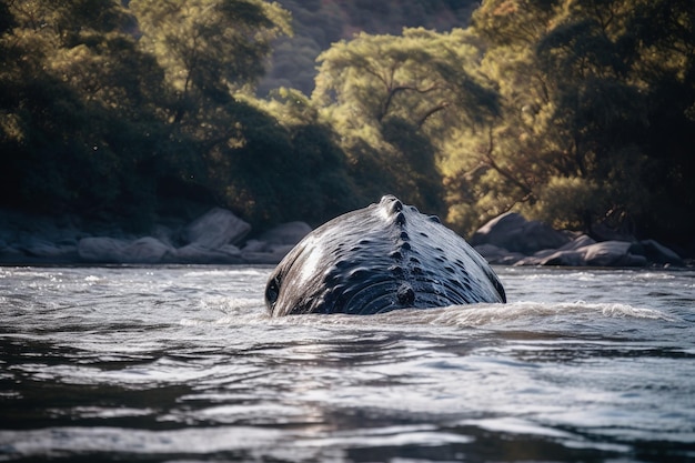 Eine surreale Szene eines Wals, der in einem Fluss schwimmt Generative KI