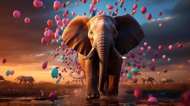 Eine surreale und magische Szene mit einem Elefanten, der mit Luftballons von Generative Ai schwebt