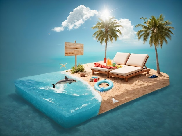Eine surrealistische schwimmende Insel mit einem Stück Strandparadies mit türkisfarbenen Wellen