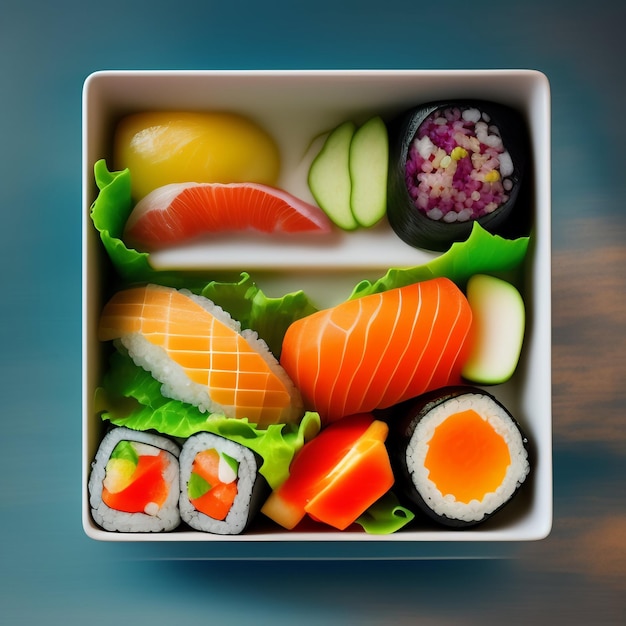 Eine Sushi-Box mit verschiedenen Arten von Lebensmitteln.