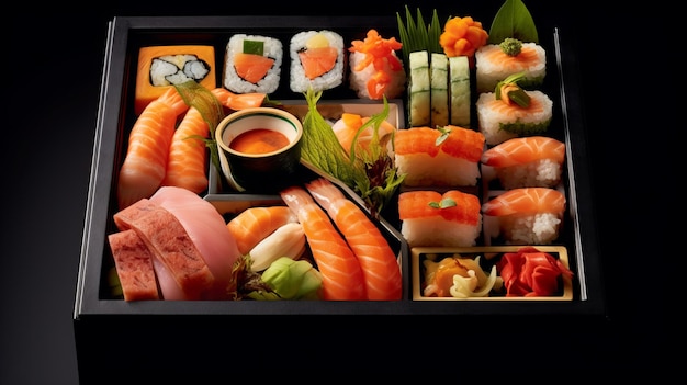 Eine Sushi-Lieferbox voller exquisiter Brötchen