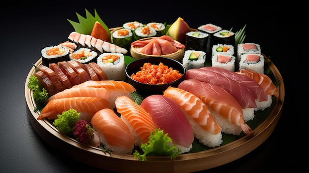 Eine Sushi-Platte mit verschiedenen Sushi-Sorten.