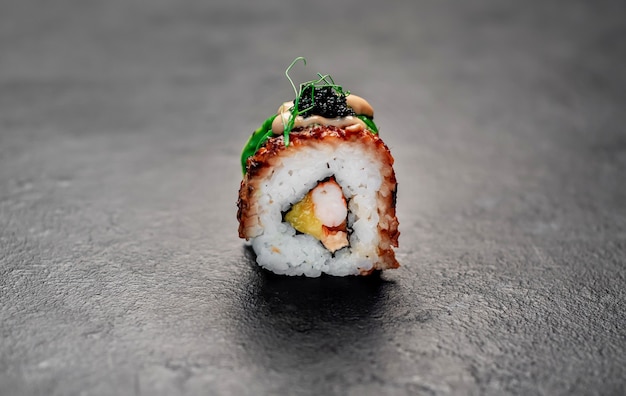 eine Sushi-Rolle auf einem Steinhintergrund