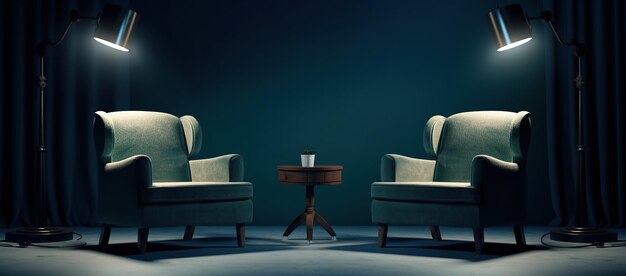 Eine symmetrische Ansicht von zwei Stühlen und einem Tisch