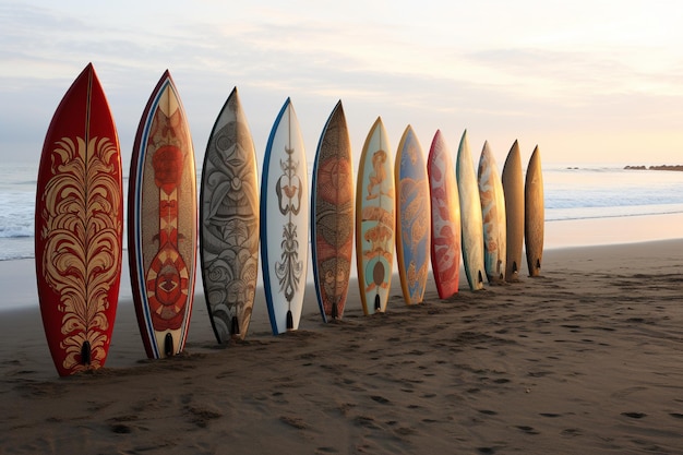 Foto eine symphonie von surfbrettern am ufer