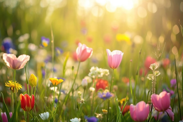 Eine Symphonie zarter Blumen, die auf einer sonnenbeschienenen Wiese blühen