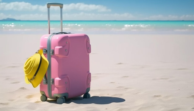 Eine Szene am Strand mit einem einsamen rosa Koffer
