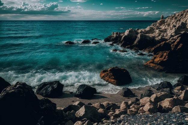 Eine Szene des Meeres mit Strandfelsen und -wolken tagsüber