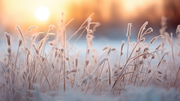 Foto eine szene einer winterlandschaft, die mit einer dünnen schicht frost bedeckt ist, mit der sonne, die durch eine