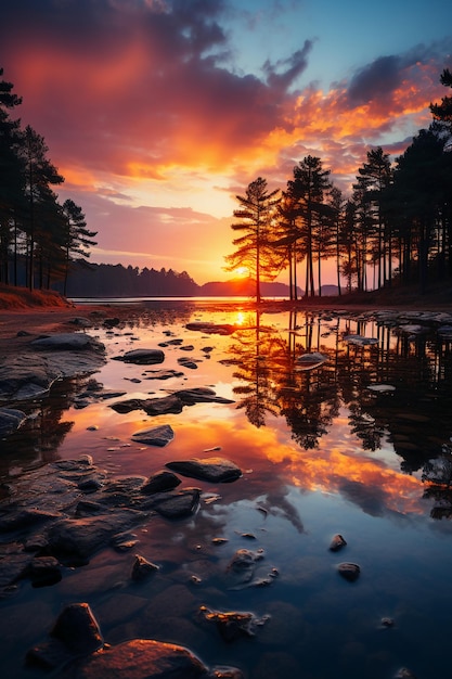 Eine Szene eines pastellfarbenen Sonnenuntergangs, der sich auf einem ruhigen See spiegelt. KI-genrativ