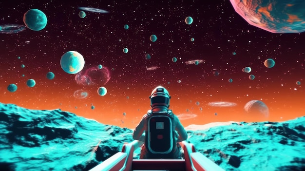 Eine Szene, in der der Benutzer in einem VR-Spiel mit Weltraumthema zwischen den Sternen gleitet. Sie spiegelt zukünftige Erlebnisse voller Spaß und Erkundung wider. Erstellt mit generativer KI