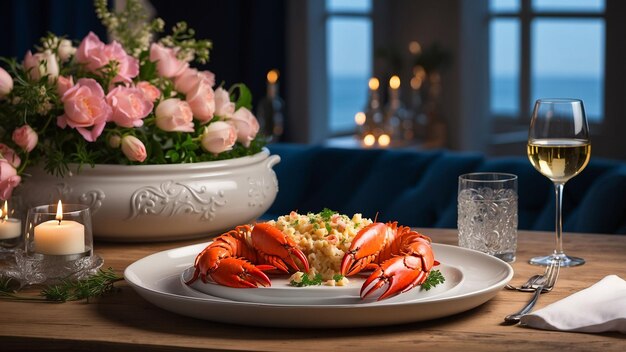 eine Szene, in der die Opulenz von Lobster Thermidor den zeitlosen Charme eines Holztisches in die