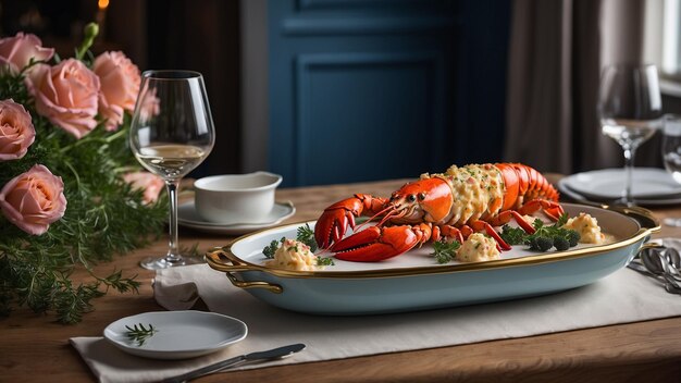 eine Szene, in der die Opulenz von Lobster Thermidor den zeitlosen Charme eines Holztisches in die