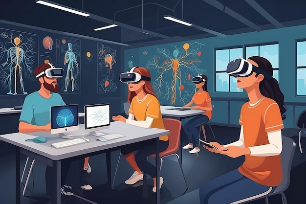 eine Szene mit Studenten, die VR-Simulationen verwenden, um die Vektorillustration des menschlichen Nervensystems im flachen Stil zu erforschen