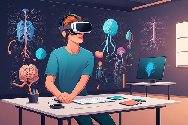 eine Szene mit Studenten, die VR-Simulationen verwenden, um die Vektorillustration des menschlichen Nervensystems im flachen Stil zu erforschen