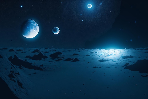 Eine Szene vom Mond aus mit dem Mond im Hintergrund