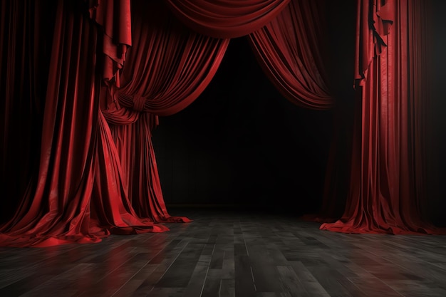 Eine Szene von der Bühne mit roten Vorhängen.