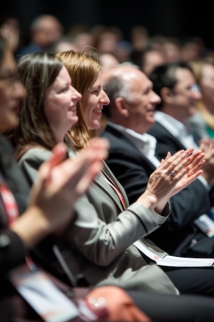 Eine Szene von Geschäftsleuten in einem Kongresssaal, die bei einem Seminar glücklich klatschen, um ihren kollektiven Erfolg und ihre Freude während der Konferenzveranstaltung zu bezeichnen