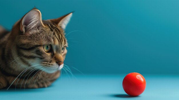 Eine Tabby-Katze schaut neugierig auf einen roten Ball auf einem blauen Hintergrund