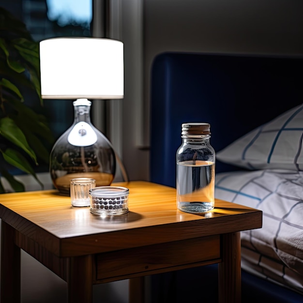 Eine Tablettenflasche und ein Glas Wasser auf einem Nachttisch, bereit für nächtliche Medikamente