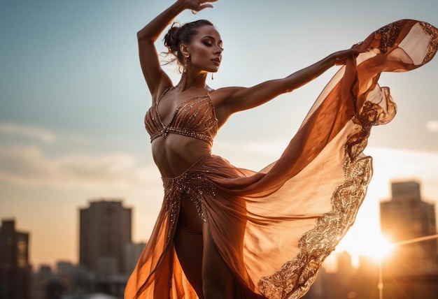Eine Tänzerin in einem kunstvollen Kostüm tritt leidenschaftlich vor einem städtischen Sonnenuntergang auf