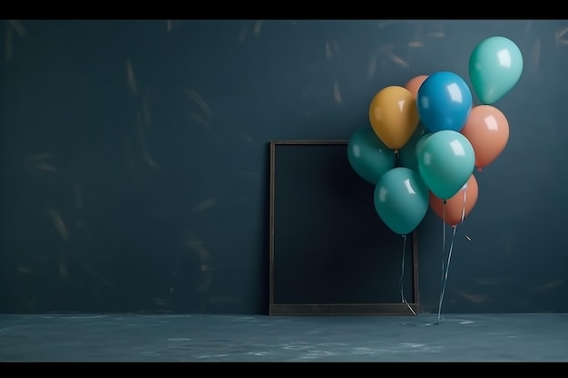 Eine Tafel mit einem Haufen Luftballons und einem Banner mit der Aufschrift „Alles Gute zum Geburtstag“