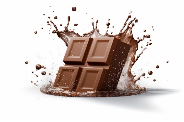Eine Tafel Schokolade spritzt in einen Spritzer Flüssigkeit.
