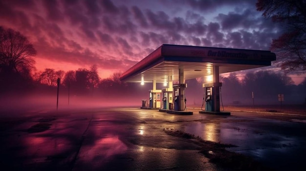 Eine Tankstelle mit einem rosa Himmel und der Sonne, die auf die Wolken scheint