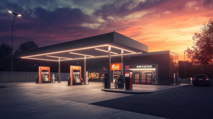 Foto eine tankstelle mit einem zeitgenössischen design, einschließlich schlanker kraftstoffpumpen, eine stilvolle bequemlichkeit