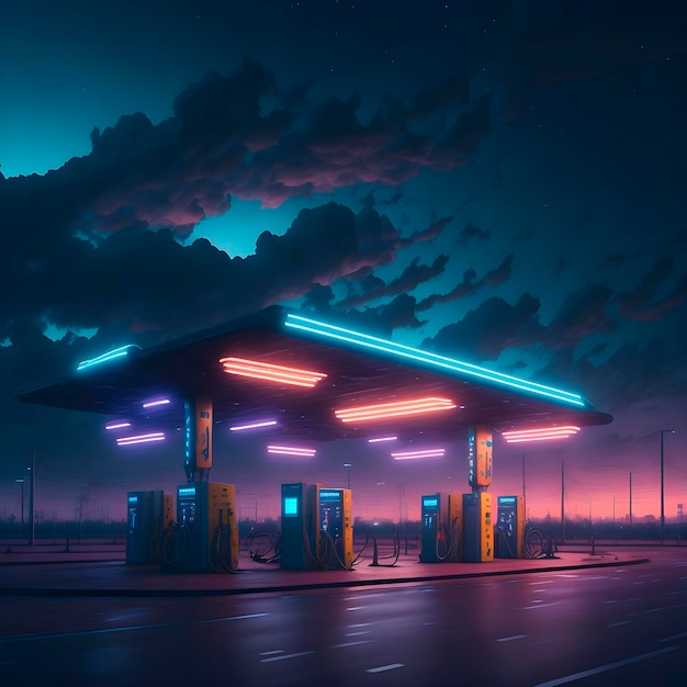 Eine Tankstelle mit Neonlichtern, auf denen „“ steht.