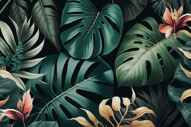 Eine Tapete aus tropischen Blättern mit schwarzem Hintergrund.