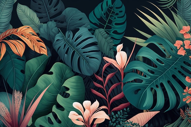 Eine Tapete aus tropischen Pflanzen mit schwarzem Hintergrund.
