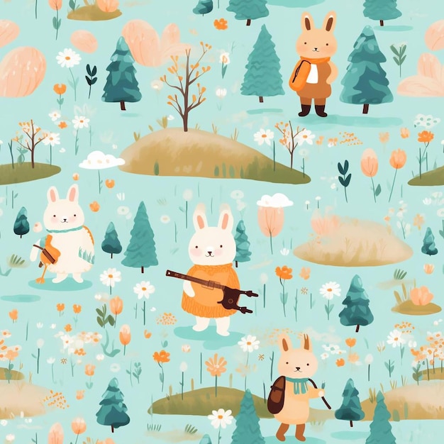 Eine Tapete mit einem Hasen und einer Waldszene mit Waldhintergrund.