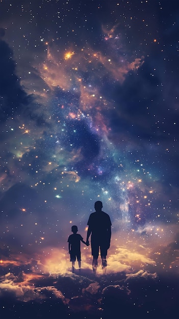 Eine Tapete mit einer Galaxie mit Sternen, die den Umriss eines Vaters und eines Kindes bilden, gegen die